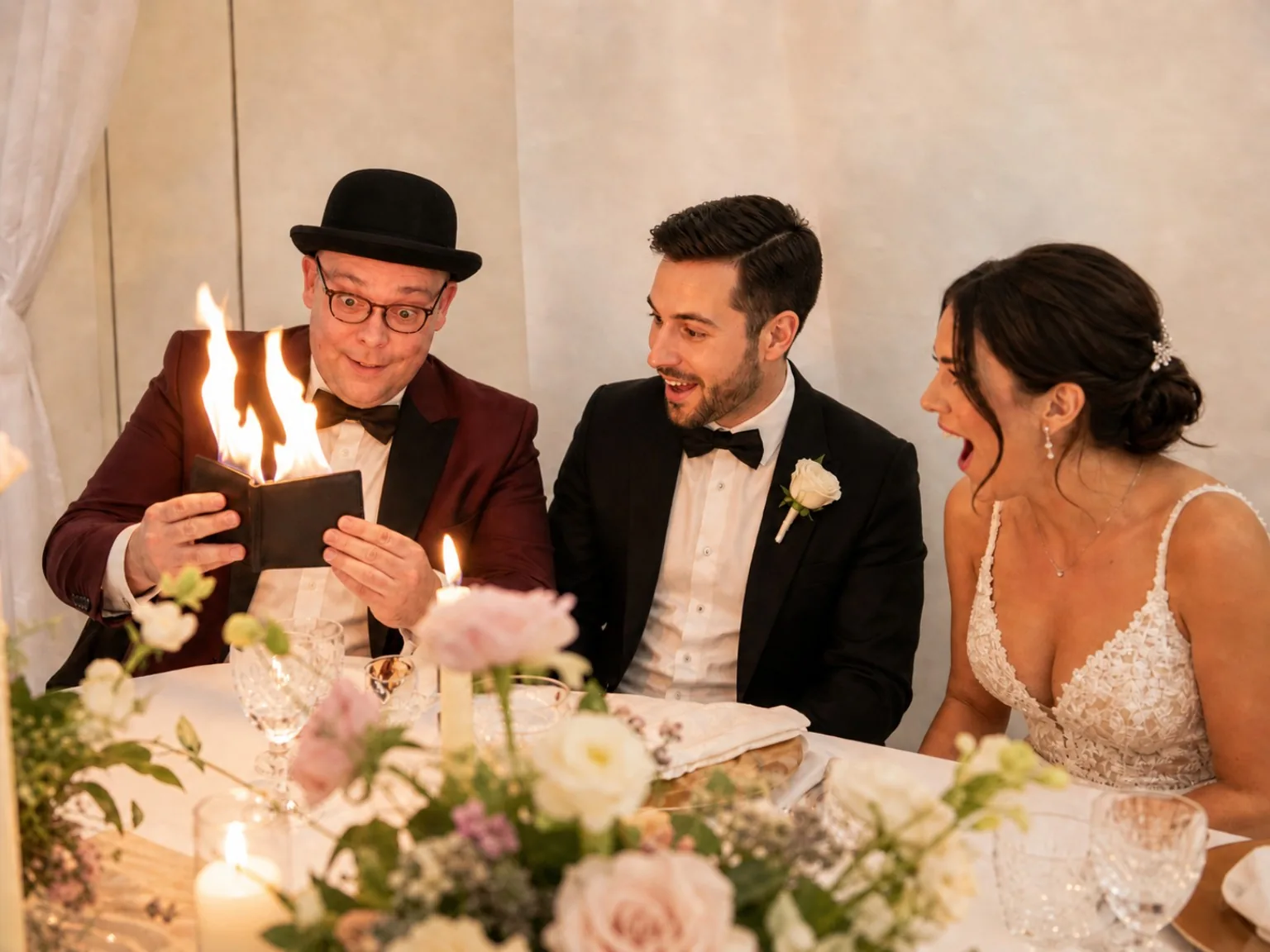 Magic Stefan goochelt aan tafel tijdens een bruiloft